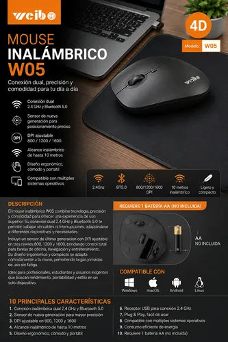 Mouse Inalámbrico W05 Bluetooth 5.0 Y 2.4 Ghz 1600 Dpi Negro