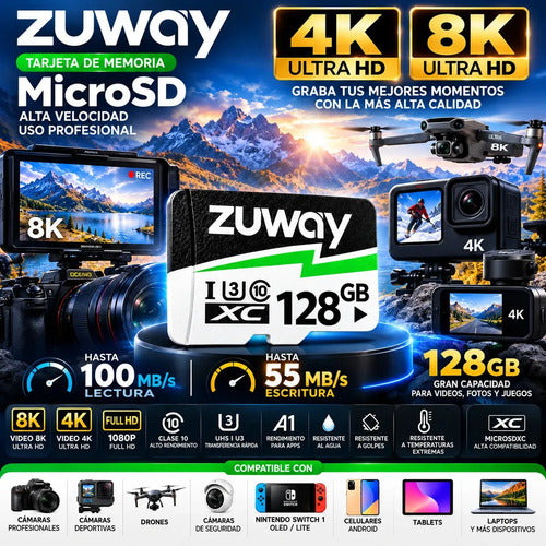 Tarjeta De Memoria Microsd Zuway 128gb Clase 10 U3 A1 Alta Velocidad 100mb/s Premium Compatible Con Nintendo Swicht 1, Video 8k, Celulares, Tablets, Cámaras De Seguridad Y Deportivas, Uso Profesional