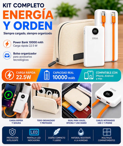 Kit Powerbank 10000mah Carga Rápida + Bolso Organizador Blanco/beige