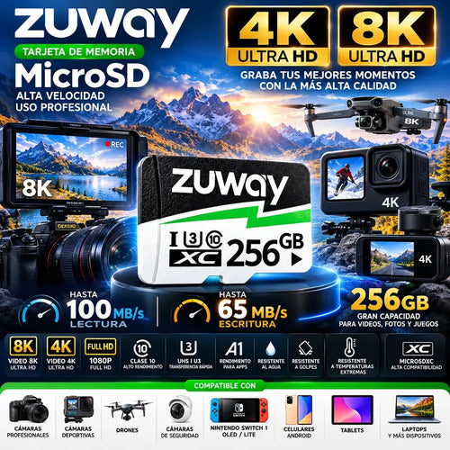 Tarjeta De Memoria Microsd Zuway 256gb Clase 10 U3 A1 Alta Velocidad 100mb/s Premium Compatible Con Nintendo Swicht 1, Video 8k, Celulares, Tablets, Cámaras De Seguridad Y Deportivas, Uso Profesional