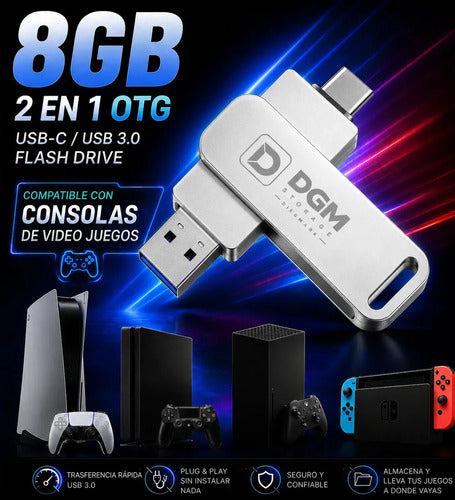 Pendrive Otg Diegmark 8gb 2 En 1 Usb C / Usb Para Smartphone Tablet Notebook Pc Smart Tv Consolas Respalda Tus Fotos,... Plateado