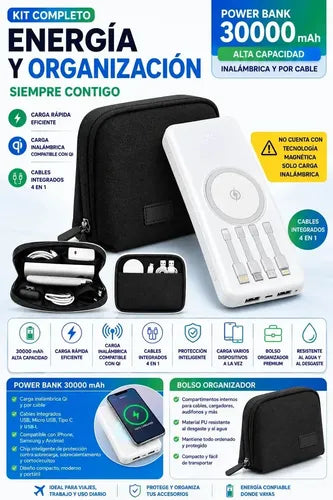 Kit Powerbank 30000mah Carga Rápida + Bolso Organizador Blanco/negro