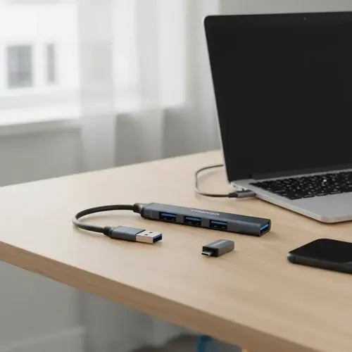 Hub Usb De 4 Puertos Con Adaptador Tipo C Para Macbook Y Laptop Gris Azulado Metalizado