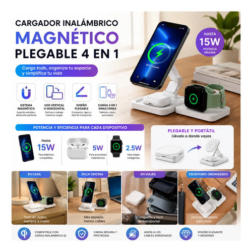 Cargador Inalámbrico Magnético Base 4 En 1 Plegable 15w Blanco