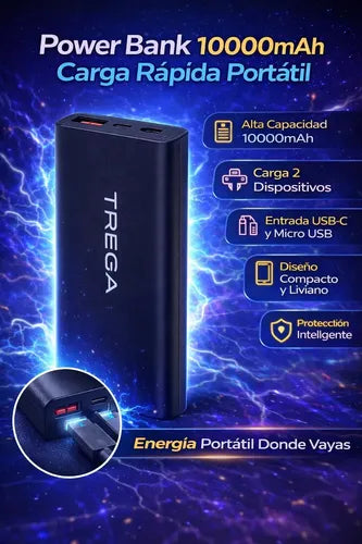 Power Bank Treqa De 10000 Mah Con Carga Rápida Y Usb-c Para Celulares Negro
