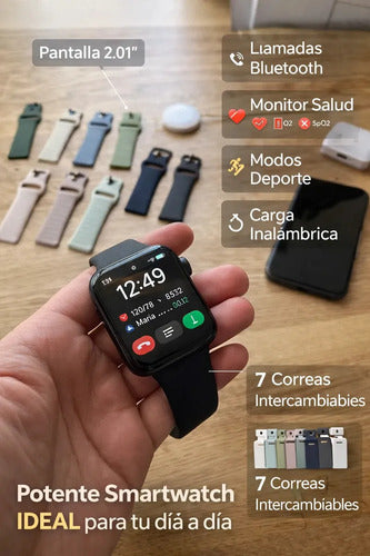 Smartwatch Diegmark Con Pantalla 2.01 Pulgadas Y Llamadas Bluetooth Para Android Y iPhone Plateado Hebilla 7 Colores Intercambiables