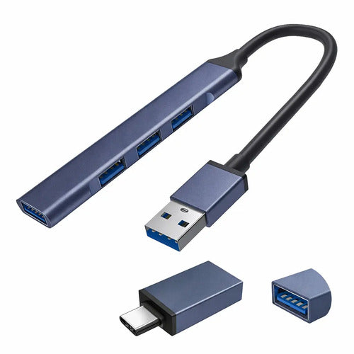 Hub Usb De 4 Puertos Con Adaptador Tipo C Para Macbook Y Laptop Gris Azulado Metalizado