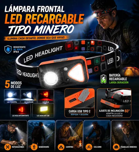 Linterna Frontal Led Recargable Luz Roja Y Sensor Movimiento