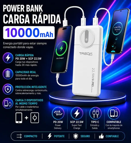 Powerbank 10000mah Carga Rápida Pd20w 22.5w 2 Puertos Usb Blanco