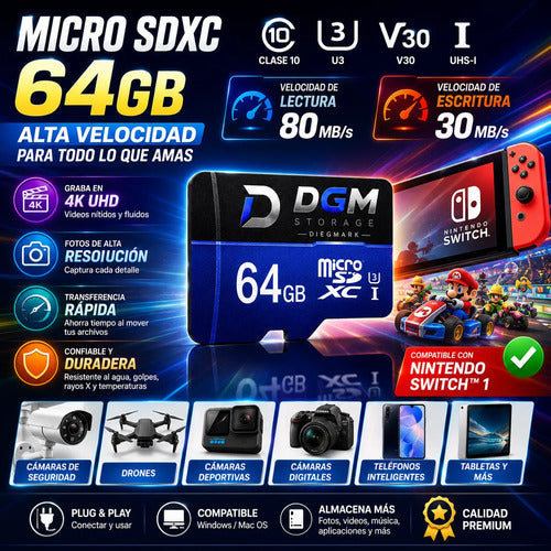 Tarjeta De Memoria Micro Sdxc 64gb Clase 10 Uhs-i U3 V30 4k