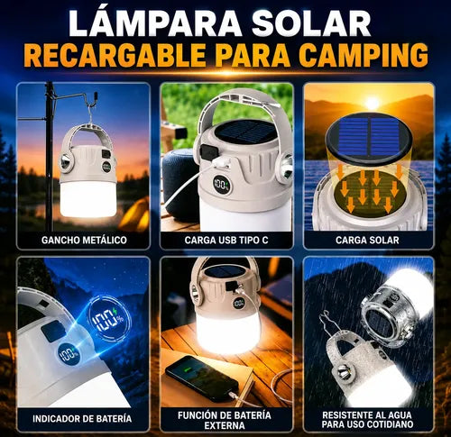 Lampara Solar Camping Farol Colgante Recargable Power Bank Gris