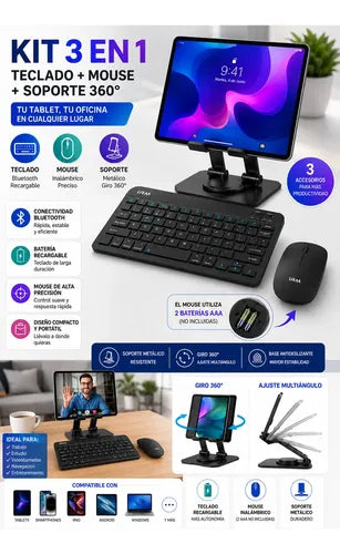 Kit Teclado Mouse Bluetooth Soporte Metal 360° Para Tablet