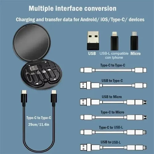 Kit De Cables 60w Carga Rápida Multifuncional Estuche Viaje Negro
