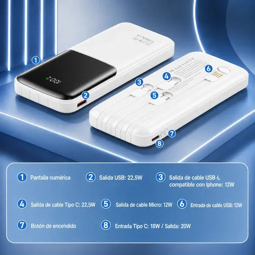 Power Bank Carga Rápida 10000mah 22.5w Pd 4 Cables Integrado Blanco