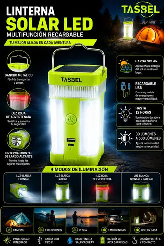 Lámpara Solar Led Camping Linterna Recargable Multifunción Verde