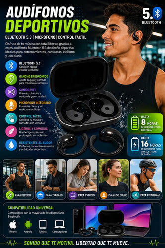 Audífonos Deportivos Bluetooth 5.3 Micrófono Control Táctil Negro