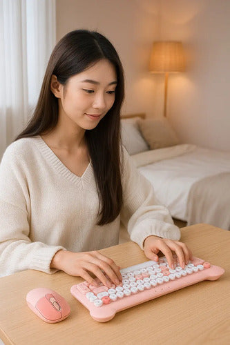 Kit Teclado Y Mouse Gamer Inalámbrico Retro Salmón Con Rgb Para Pc Y Laptop