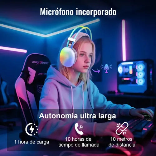 Audífonos Inalámbricos Diegmark P880 Over-ear Bluetooth Con Micrófono Rgb Y Luz Led Blanco