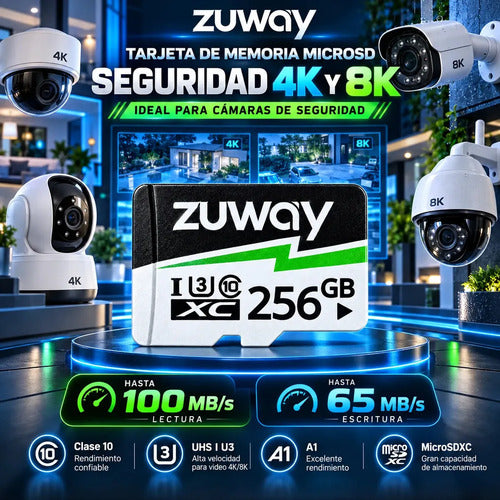 Tarjeta De Memoria Microsd Zuway 256gb Clase 10 U3 A1 Alta Velocidad 100mb/s Premium Compatible Con Nintendo Swicht 1, Video 8k, Celulares, Tablets, Cámaras De Seguridad Y Deportivas, Uso Profesional