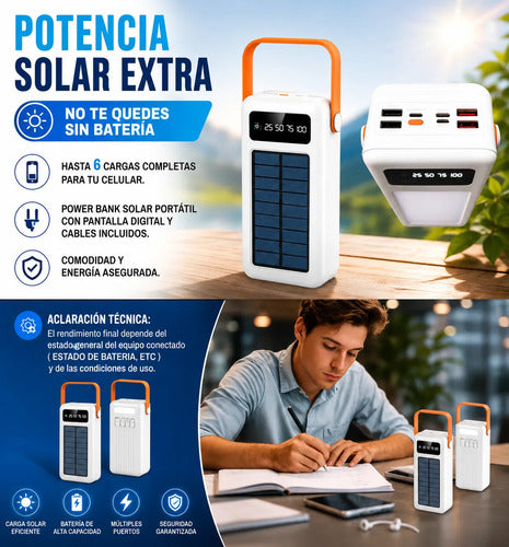 Power Bank Solar 40000mah Con Linterna Led Cables Integrados Blanco