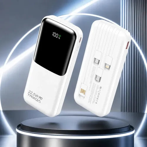 Power Bank Carga Rápida 10000 Mah 22.5w Pd Pantalla Digital 4 Cables Integrados Usb Tipo C Usb L Micro Usb Usb A Batería... Blanco