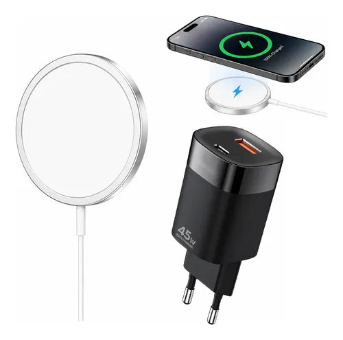Cargador Magnético 15w + Adaptador Pd45w Para iPhone Samsung Blanco