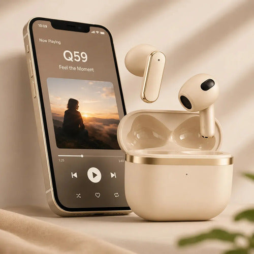 Audífonos Inalámbricos Diegmark Q.59 Con Reducción De Ruido Y Estuche De Carga Beige
