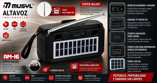 Parlante Portátil Solar 5w Radio Fm Linterna Led Recargable