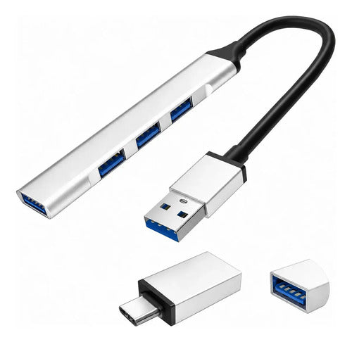 Hub Usb Treqa De 4 Puertos Con Adaptador Tipo C Para Pc Macbook Y Laptop Plateado