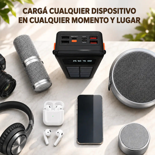 Power Bank Solar 40000mah Con Linterna Led Cables Integrados Negro