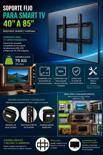 Soporte Fijo Smarttv Pared 40 A 85 Pulgadas Hasta 75 Kg Negro