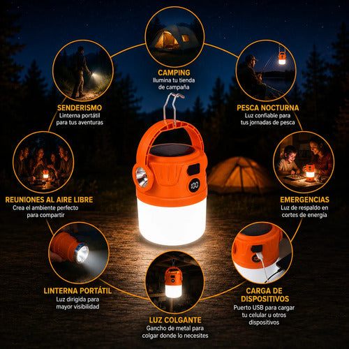 Lampara Solar Camping Farol Colgante Recargable Power Bank Naranja