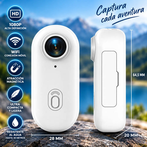 Mini Cámara Deportiva Wifi 1080p Sumergible Clip Magnético Blanco