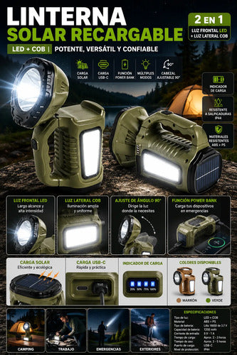 Linterna Led Cob Solar Recargable Usb 1200mah Ajustable 90° Luz Led Blanco Verde