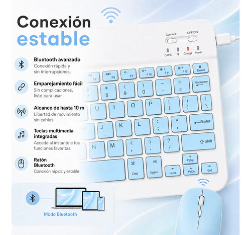 Kit Teclado Y Mouse Bluetooth Para Pc Tablet Y Celular Blanco/azul Azul/celeste