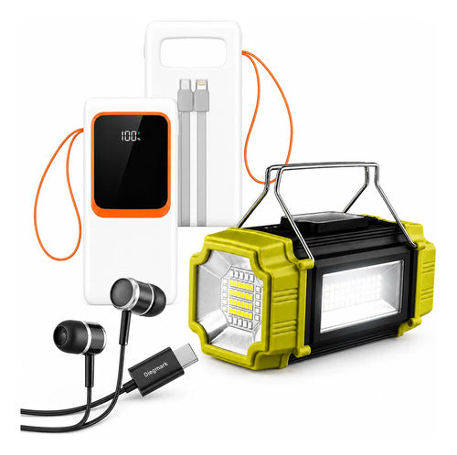 Kit Powerbank 30000mah Linterna Multifunción Led Y Audífonos Blanco/verde