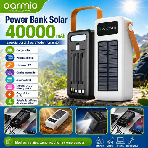 Power Bank Solar 40000mah Con Linterna Led Cables Integrados Negro