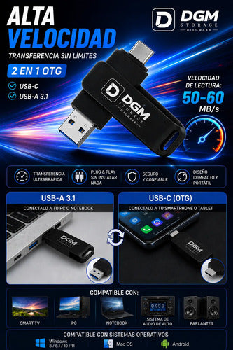 Pendrive Flash Drive Otg 128gb Usb Usb-c 3.1 Alta Velocidad Negro Otg Dual Usb-c Usb-a