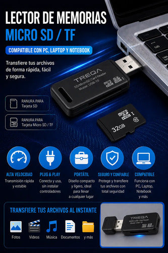 Lector De Memorias Micro Sd Tf Compatible Con Pc Laptop Negro