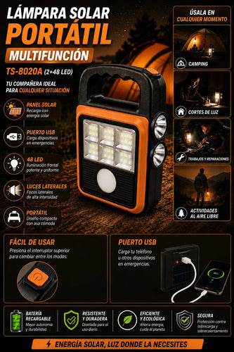 Lámpara Solar 48 Luz Led Mulfunciòn Recargable Usb Powerbank Negro/naranja