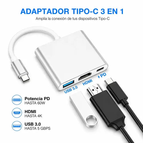 Adaptador Usb C A Hdmi 4k Y Usb 3.0 Para Carga Rápida De Notebook Y Tablet Plateado