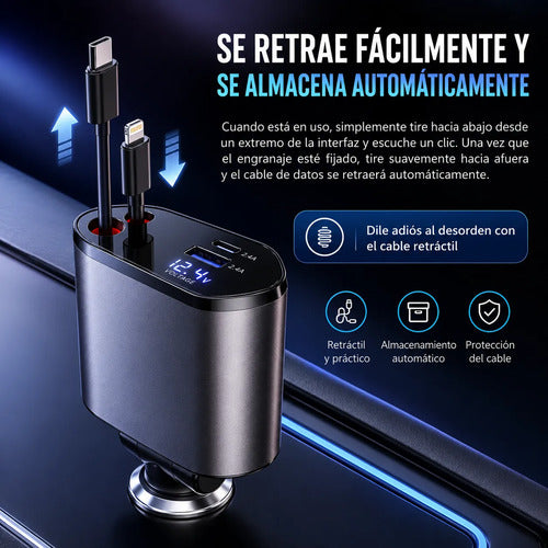 Cargador Auto 120w 4 En 1 Con 2 Cables Retráctiles 2 Puertos Negro