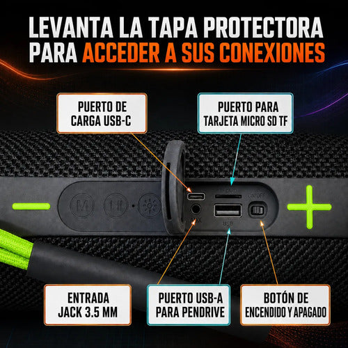 Parlante Bluetooth 10w Luces Rgb Recargable Radio Fm Tws Negro/verde