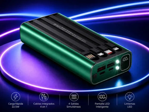 Powerbank 20000mah Carga Rápida Luz Led Cables Integrados Verde