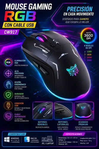 Mouse Gaming Rgb Con Cable Usb 3600 Dpi Alta Precisión Negro