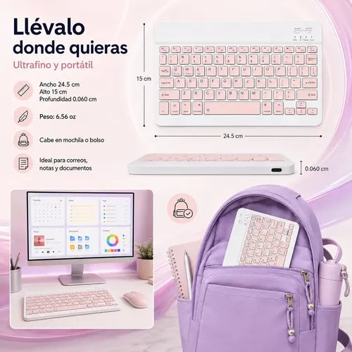 Kit Teclado Y Mouse Bluetooth Para Pc Tablet Y Celular Blanco/rosa Rosa Claro