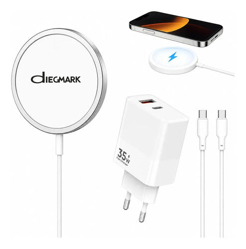 Kit Cargador Magnético Inalámbrico 15w Con Adaptador 35w Para iPhone Y Samsung Compatibles Con Carga Inalámbrica Y Compatibles Con Magsafe Blanco