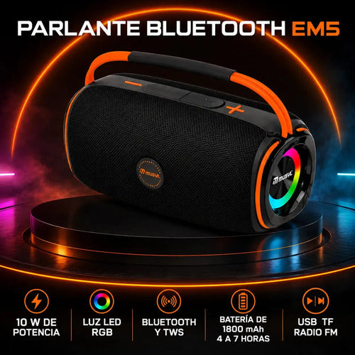 Parlante Portátil Musyl Em-5 Bluetooth Con Luces Led, Radio Fm Y Batería De 7h Negro