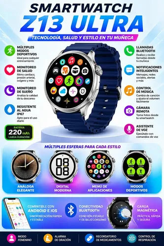 Smartwatch Diegmark Z13-ultra Sport De 1.46  Con Llamadas Bluetooth Y Monitoreo De Salud Para iPhone Y Android Plateado Deportivo Azul Marino