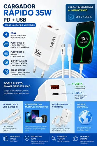 Cargador De Pared Diegmark 35w Con 2 Puertos Usb Y Usb-c Para Celulares Blanco